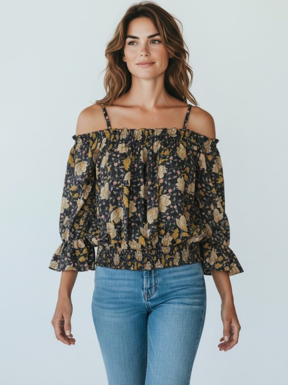 Papermoon Black Floral Off Shoulder Blouse S Boho Cottagecore Bell Sleeve